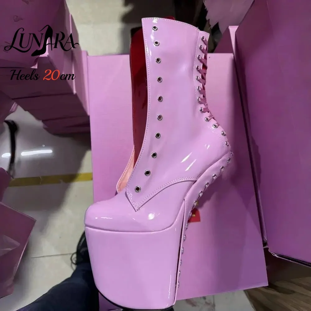 20cm/8Inch Black Red Patent Leather Lace-up Side Zipper Closed Toe Platform High Stiletto Ankle Boots Goth Pole Dance Rave Party