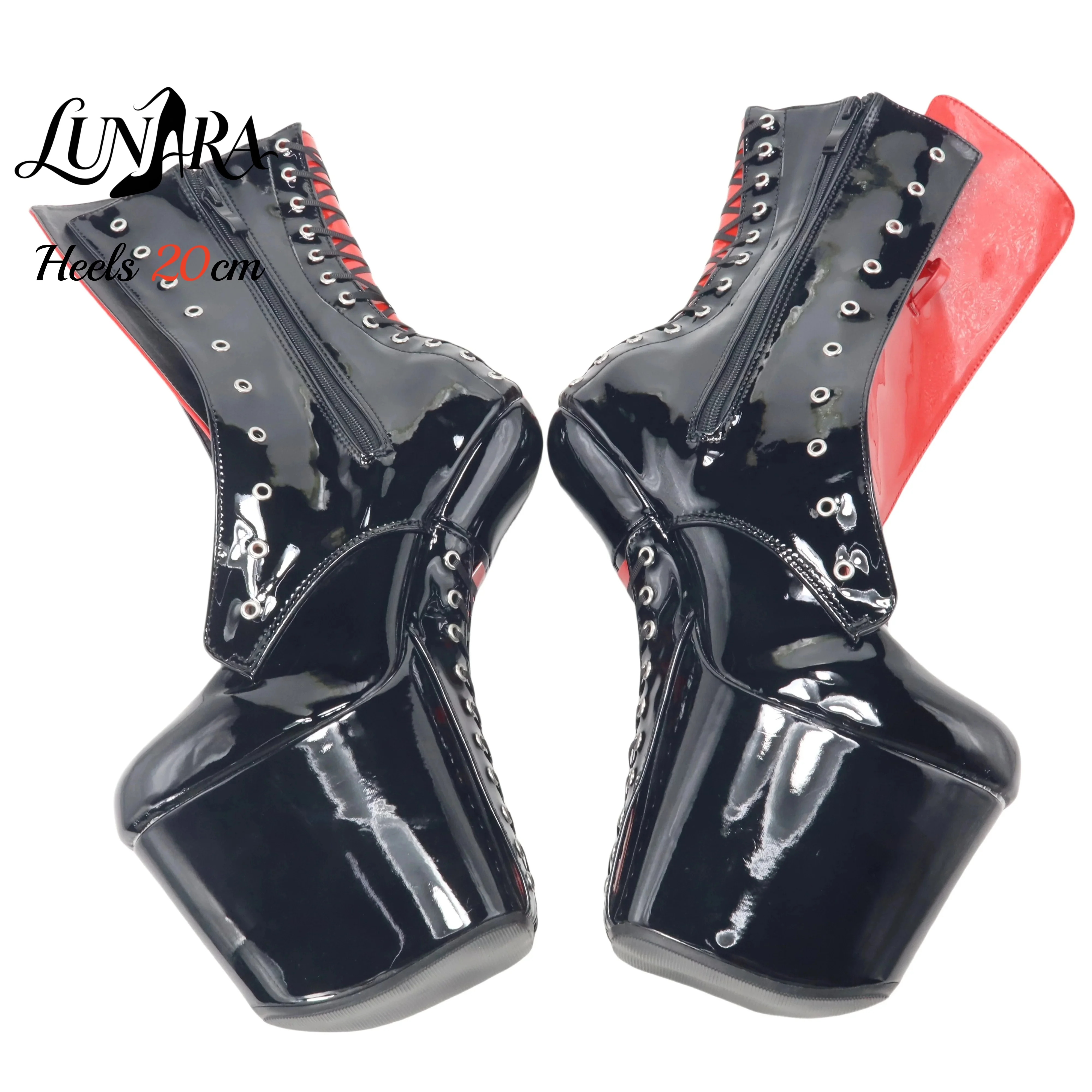 20cm/8Inch Black Red Patent Leather Lace-up Side Zipper Closed Toe Platform High Stiletto Ankle Boots Goth Pole Dance Rave Party