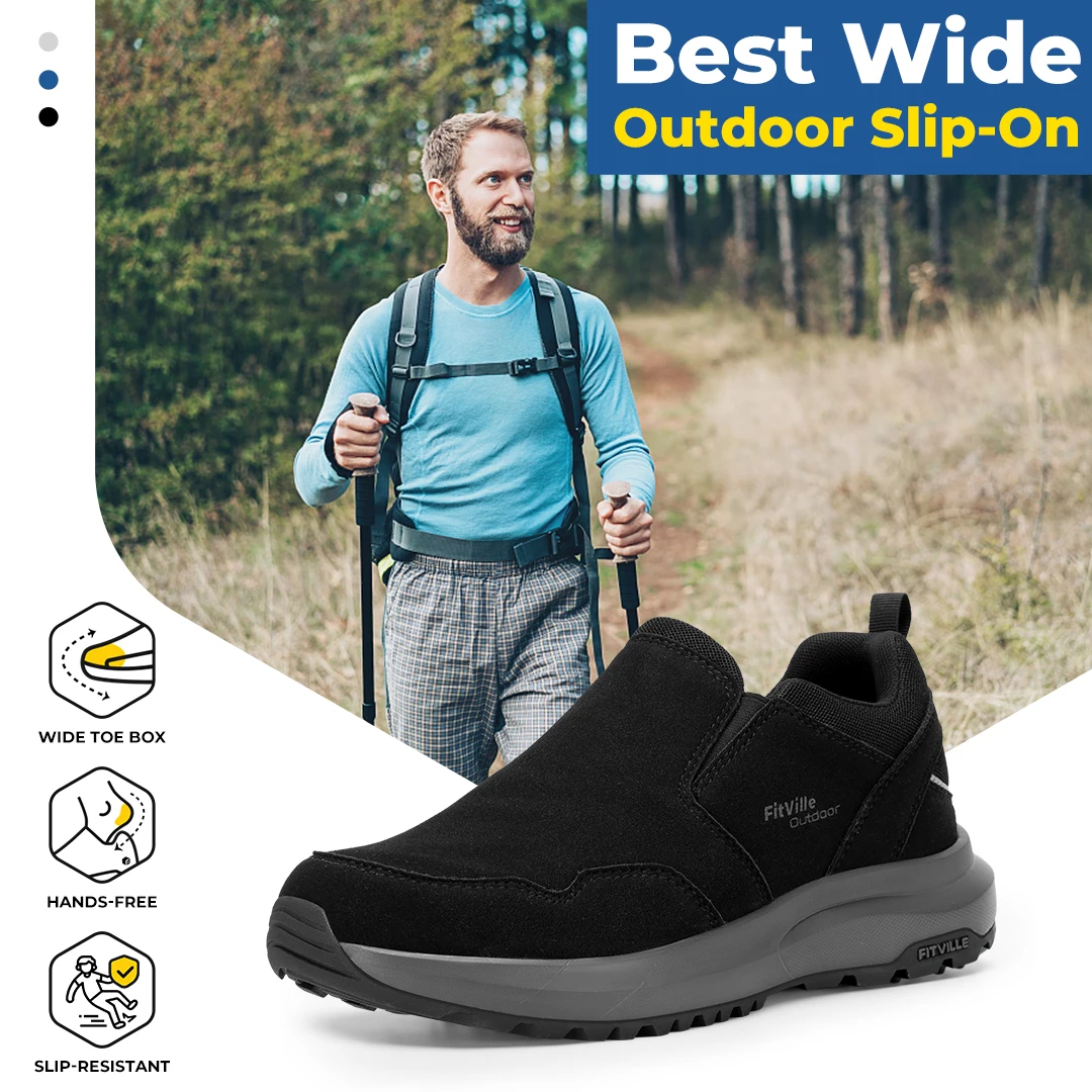FitVille Men Extra Wide Slip On Hiking Loafers, Comfort Orthopedic Walking Sneakers with Arch Support for Outdoor Trekking Trails, Flat Feet & Foot Pain Relief