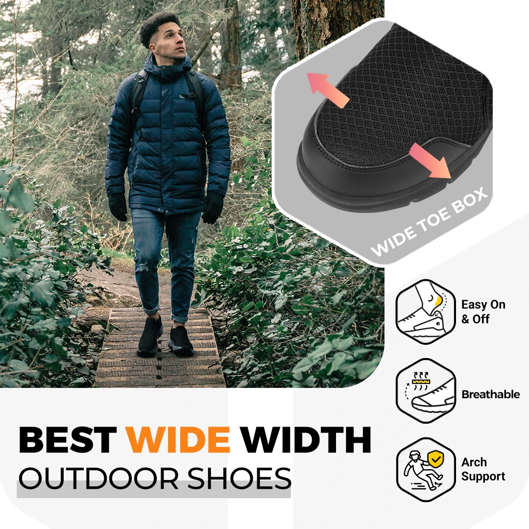 FitVille Men Extra Wide Slip On Hiking Loafers, Comfort Orthopedic Walking Sneakers with Arch Support for Outdoor Trekking Trails, Flat Feet & Foot Pain Relief