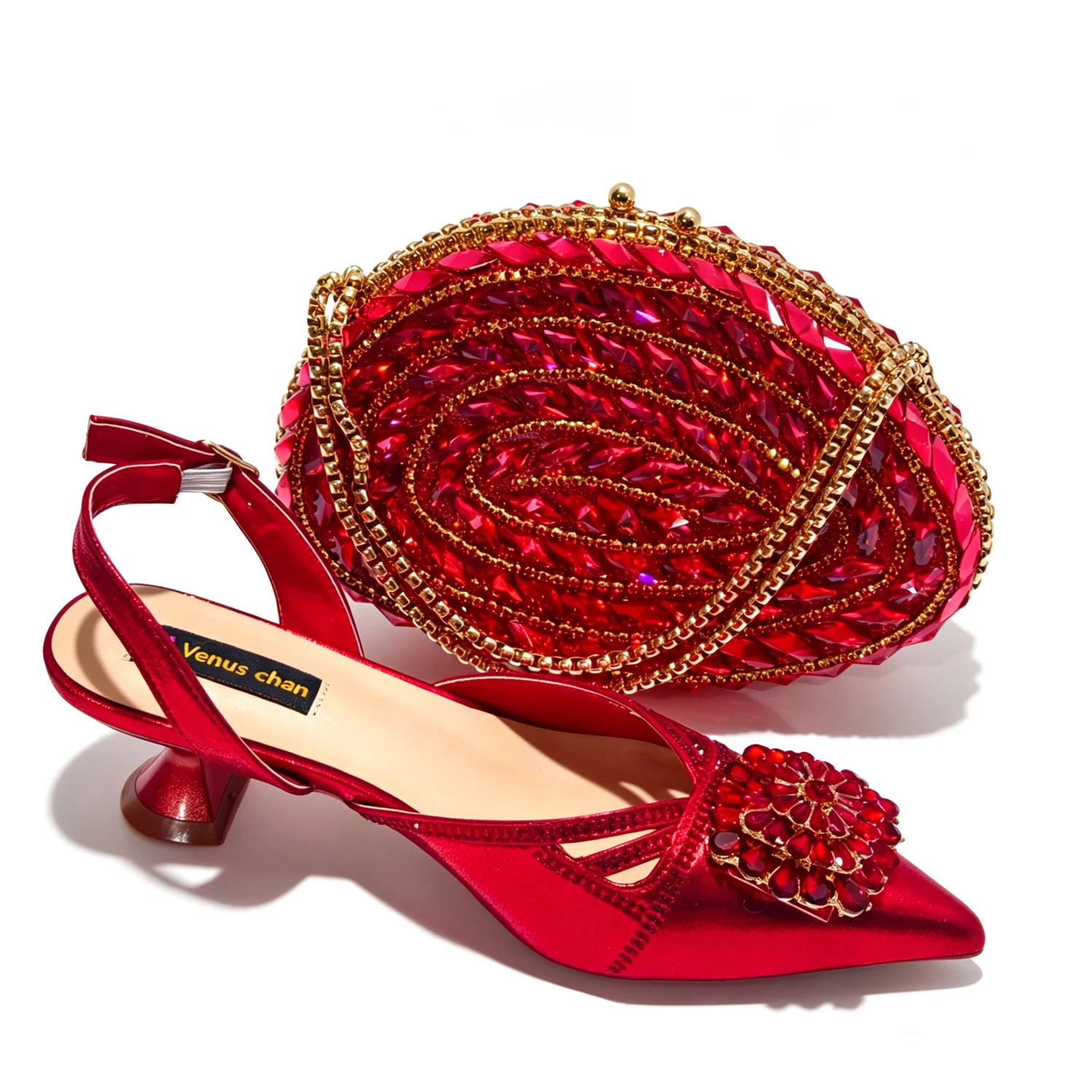 2026 New Arrival Italian-Inspired Green Rhinestone Pointed Toe Women’s High Heels with Matching Handbag Set Elegant Wedding