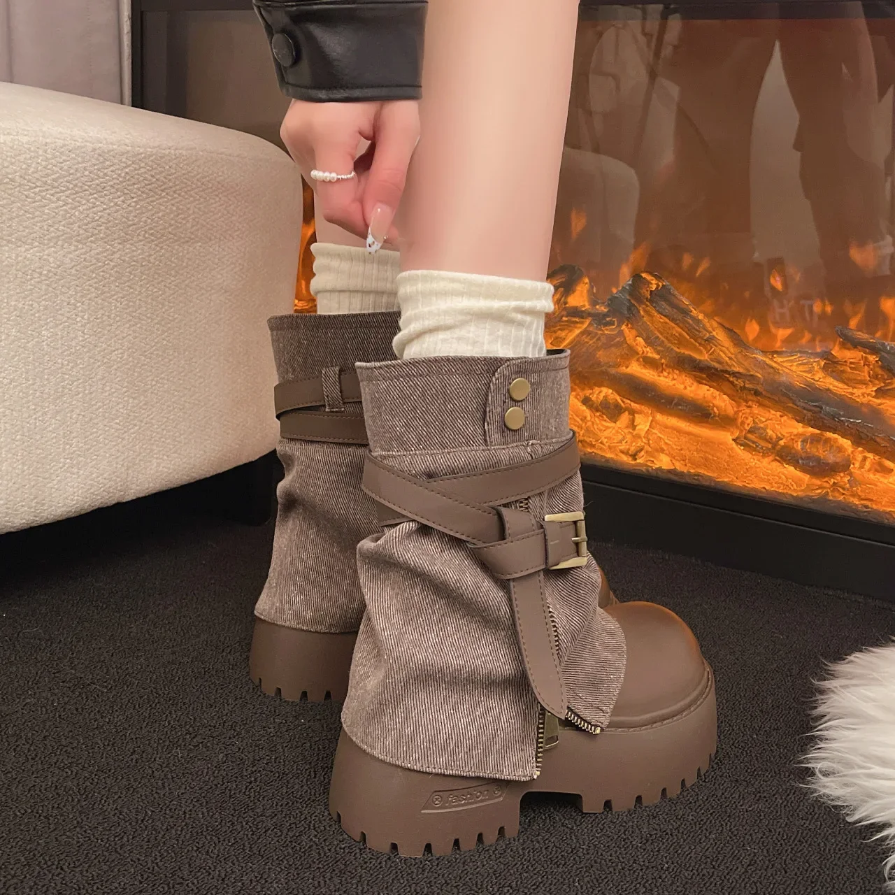 Ankle Boots for Women Cowboy Flats Platform Shoes Fashion Designer Zipper Winter Gothic Boots New Walking Dress Mujer Botas