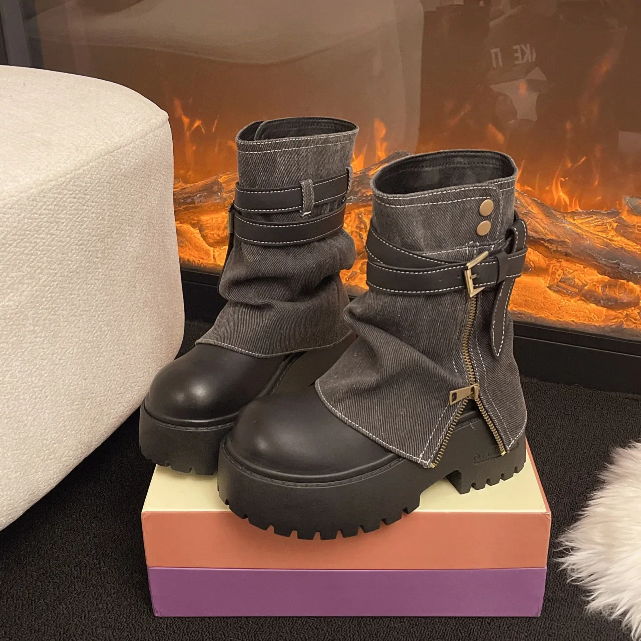 Ankle Boots for Women Cowboy Flats Platform Shoes Fashion Designer Zipper Winter Gothic Boots New Walking Dress Mujer Botas