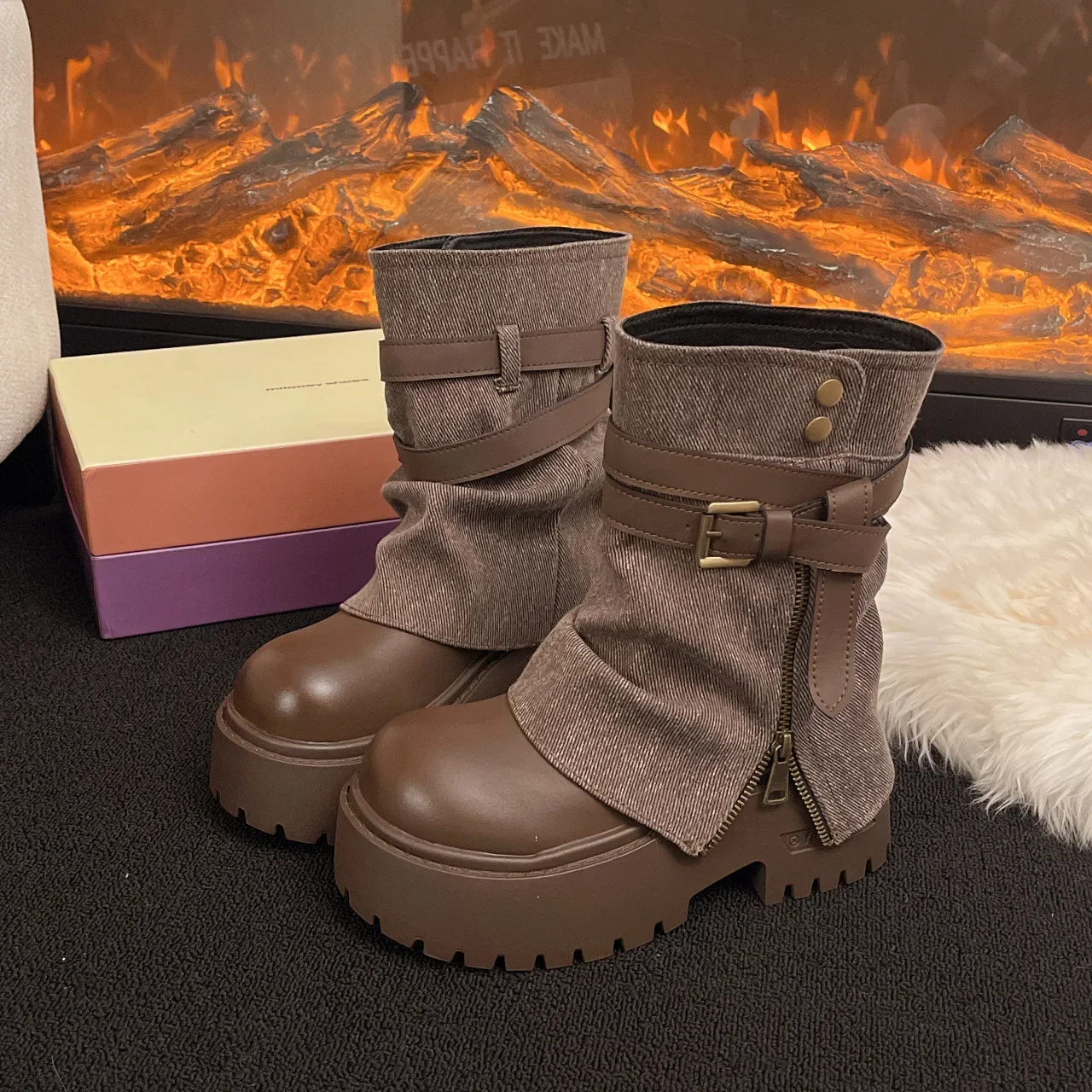 Ankle Boots for Women Cowboy Flats Platform Shoes Fashion Designer Zipper Winter Gothic Boots New Walking Dress Mujer Botas