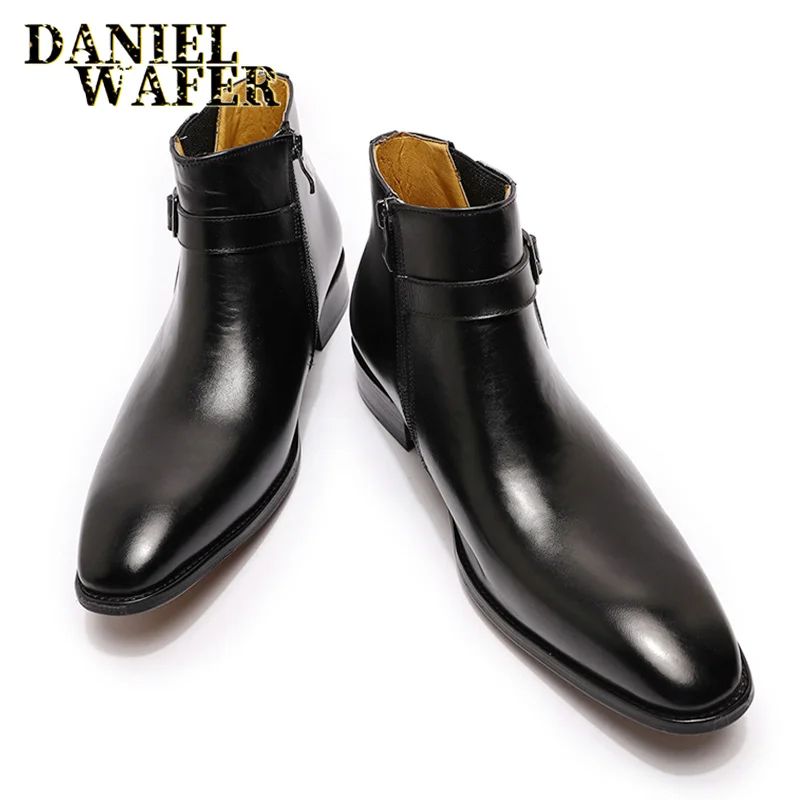 Real Leather Men's Boots Classic Italian Ankle Boots High Top Dress Shoes Zipper Buckle Formal Shoes for Men Blue Basic Boots