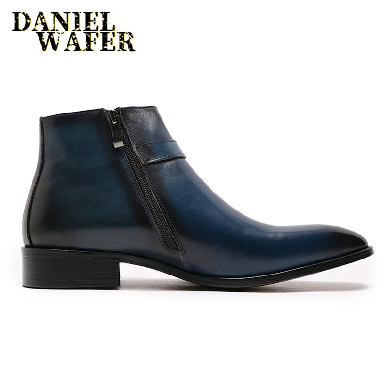 Real Leather Men's Boots Classic Italian Ankle Boots High Top Dress Shoes Zipper Buckle Formal Shoes for Men Blue Basic Boots