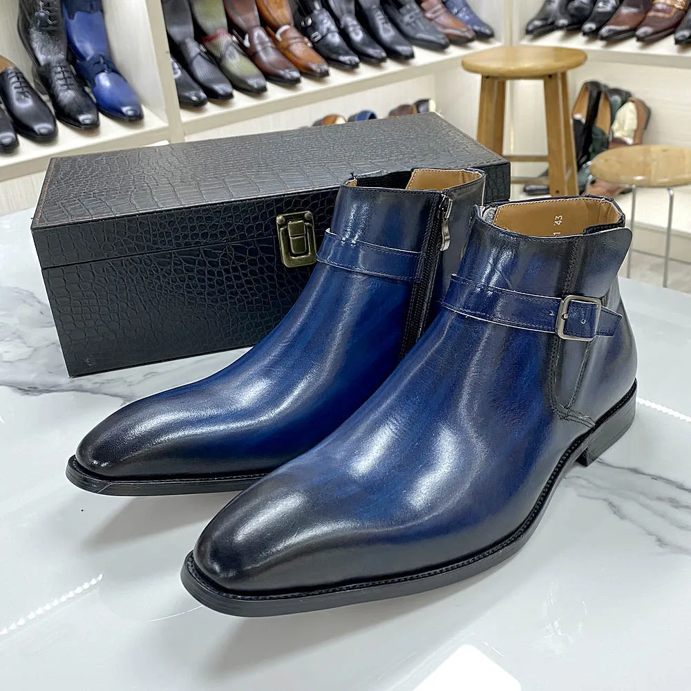 Real Leather Men's Boots Classic Italian Ankle Boots High Top Dress Shoes Zipper Buckle Formal Shoes for Men Blue Basic Boots