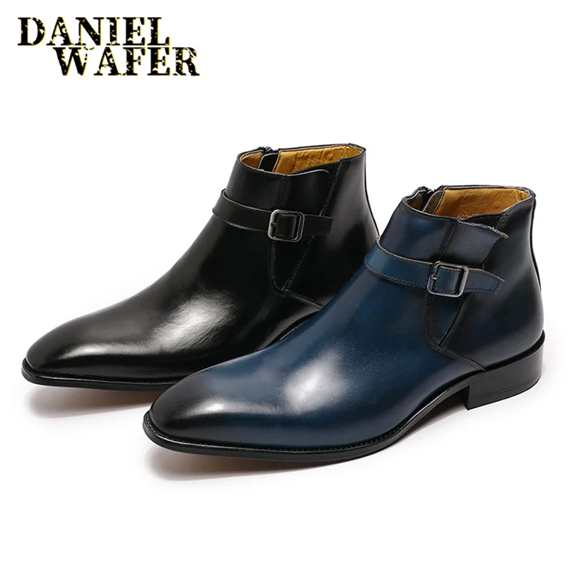 Real Leather Men's Boots Classic Italian Ankle Boots High Top Dress Shoes Zipper Buckle Formal Shoes for Men Blue Basic Boots