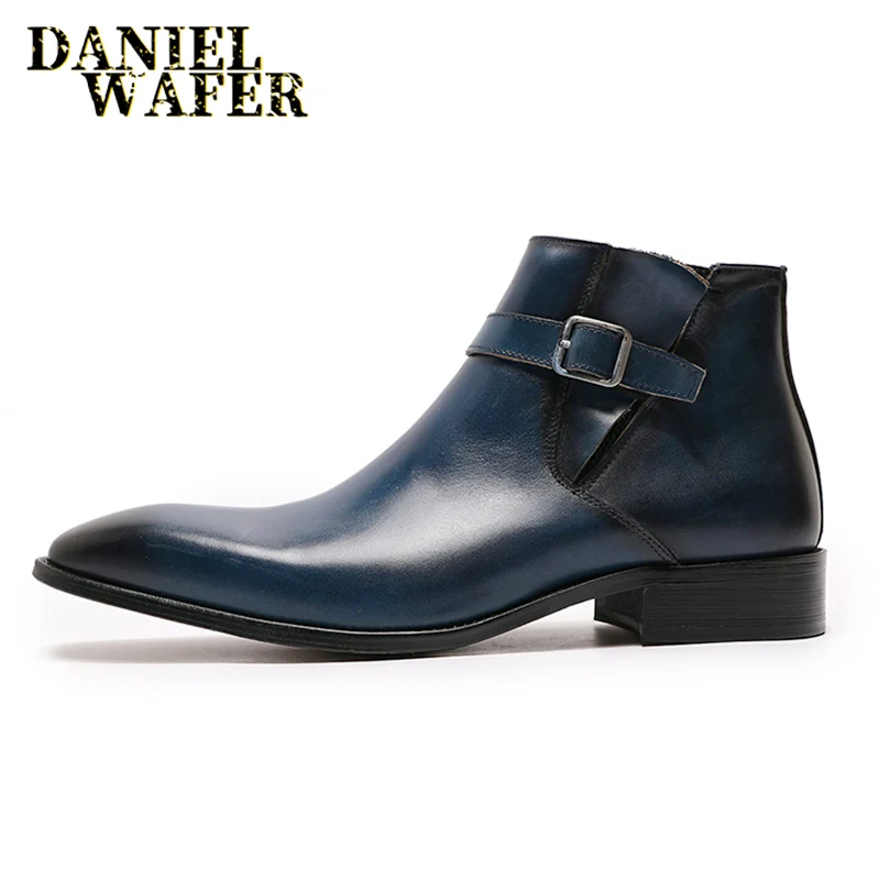 Real Leather Men's Boots Classic Italian Ankle Boots High Top Dress Shoes Zipper Buckle Formal Shoes for Men Blue Basic Boots