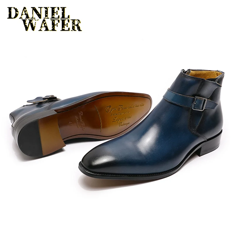 Real Leather Men's Boots Classic Italian Ankle Boots High Top Dress Shoes Zipper Buckle Formal Shoes for Men Blue Basic Boots