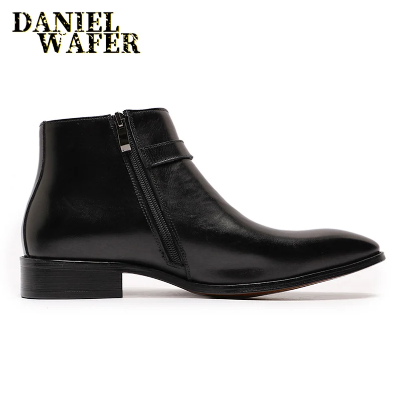 Real Leather Men's Boots Classic Italian Ankle Boots High Top Dress Shoes Zipper Buckle Formal Shoes for Men Blue Basic Boots