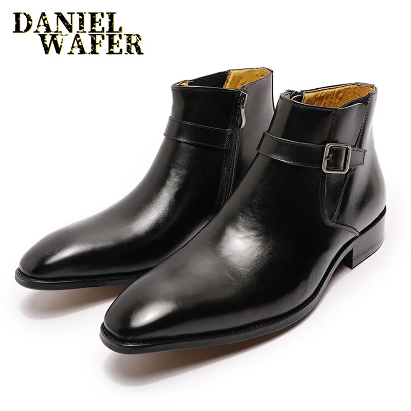 Real Leather Men's Boots Classic Italian Ankle Boots High Top Dress Shoes Zipper Buckle Formal Shoes for Men Blue Basic Boots