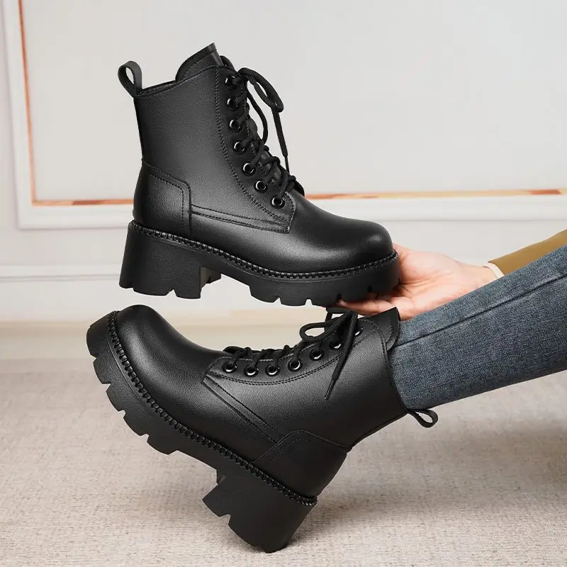 FENXINA 2027 New Narture Wool Warm Winter Boots Zipper Lace Up Platform Snow Boots Square Heels Ladies Real Leather Ankle Boots
