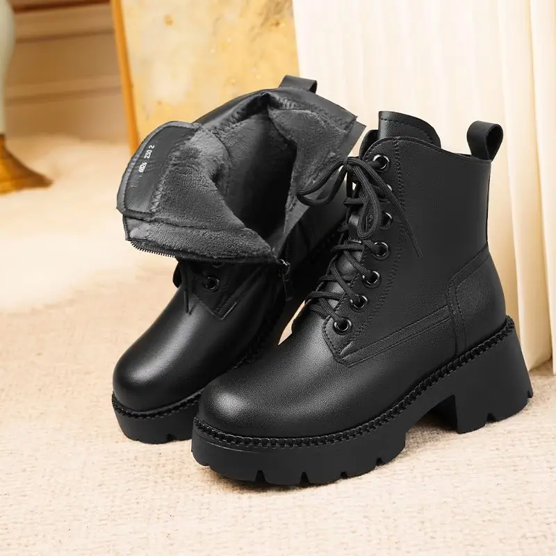 FENXINA 2027 New Narture Wool Warm Winter Boots Zipper Lace Up Platform Snow Boots Square Heels Ladies Real Leather Ankle Boots