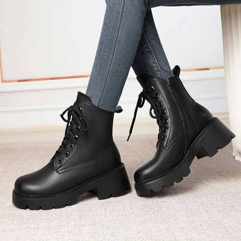 FENXINA 2027 New Narture Wool Warm Winter Boots Zipper Lace Up Platform Snow Boots Square Heels Ladies Real Leather Ankle Boots