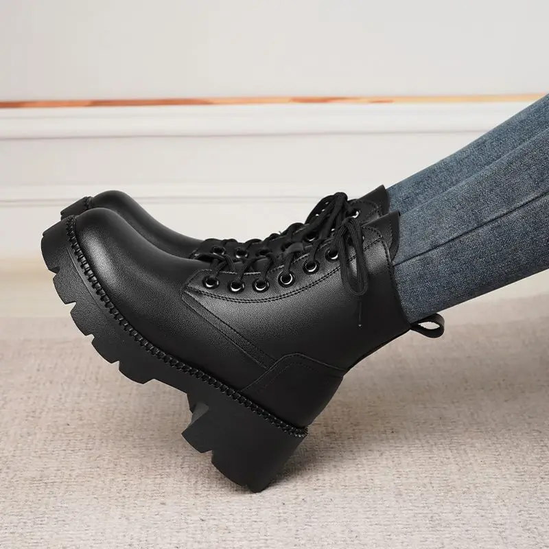 FENXINA 2027 New Narture Wool Warm Winter Boots Zipper Lace Up Platform Snow Boots Square Heels Ladies Real Leather Ankle Boots
