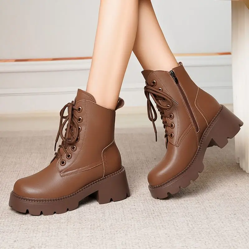 FENXINA 2027 New Narture Wool Warm Winter Boots Zipper Lace Up Platform Snow Boots Square Heels Ladies Real Leather Ankle Boots