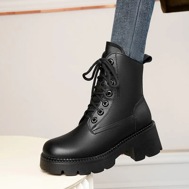 FENXINA 2027 New Narture Wool Warm Winter Boots Zipper Lace Up Platform Snow Boots Square Heels Ladies Real Leather Ankle Boots