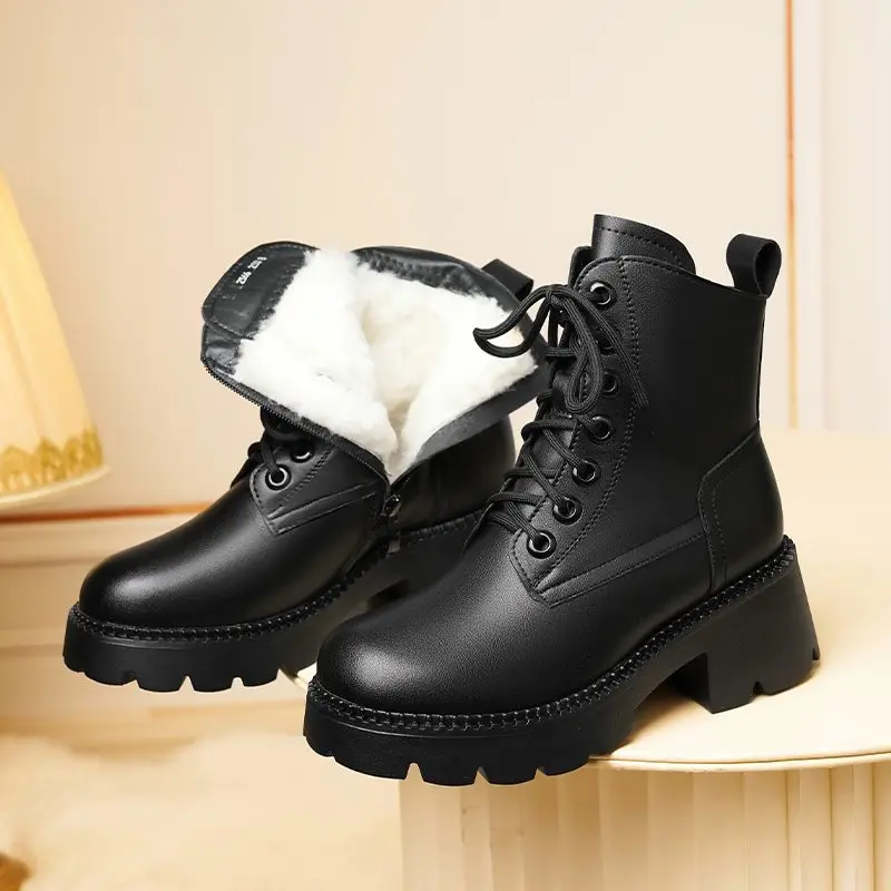 FENXINA 2027 New Narture Wool Warm Winter Boots Zipper Lace Up Platform Snow Boots Square Heels Ladies Real Leather Ankle Boots