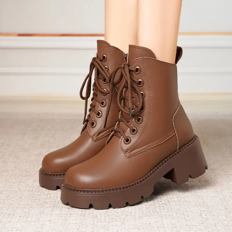 FENXINA 2027 New Narture Wool Warm Winter Boots Zipper Lace Up Platform Snow Boots Square Heels Ladies Real Leather Ankle Boots