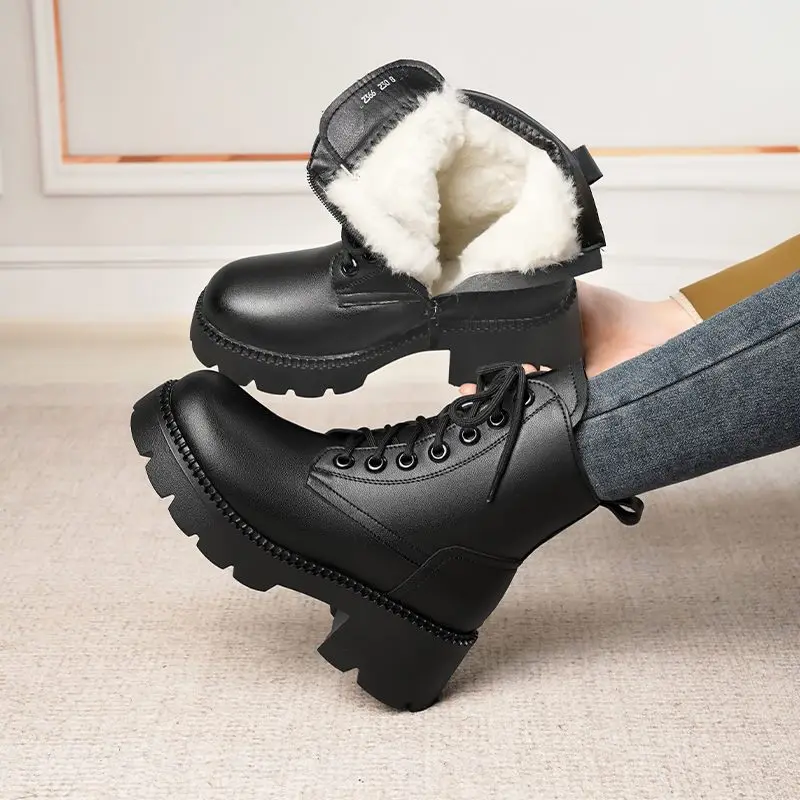 FENXINA 2027 New Narture Wool Warm Winter Boots Zipper Lace Up Platform Snow Boots Square Heels Ladies Real Leather Ankle Boots