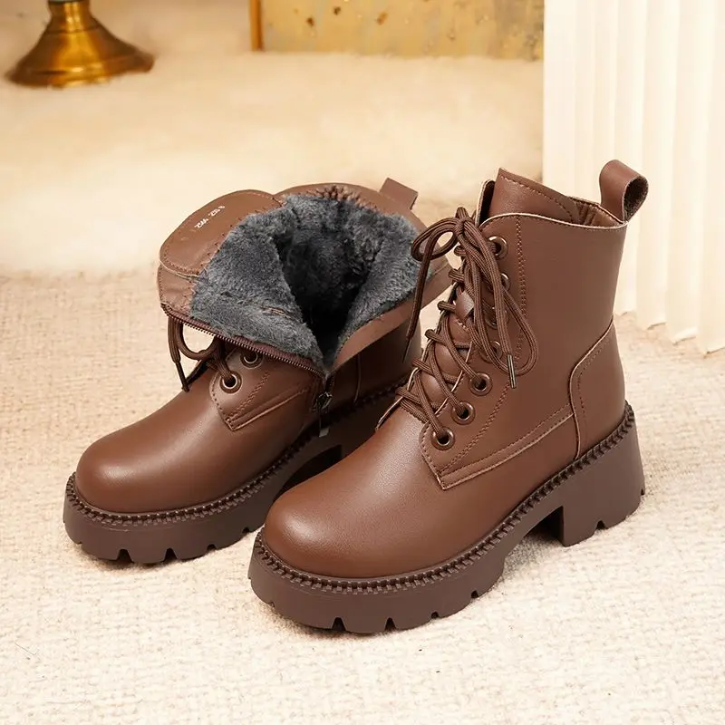 FENXINA 2027 New Narture Wool Warm Winter Boots Zipper Lace Up Platform Snow Boots Square Heels Ladies Real Leather Ankle Boots