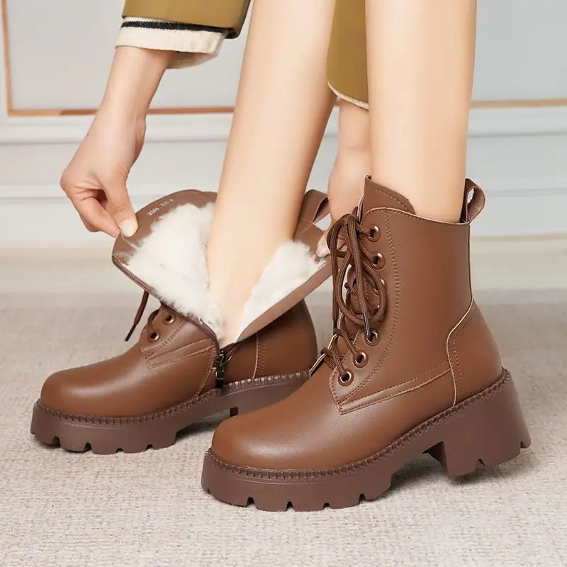 FENXINA 2027 New Narture Wool Warm Winter Boots Zipper Lace Up Platform Snow Boots Square Heels Ladies Real Leather Ankle Boots
