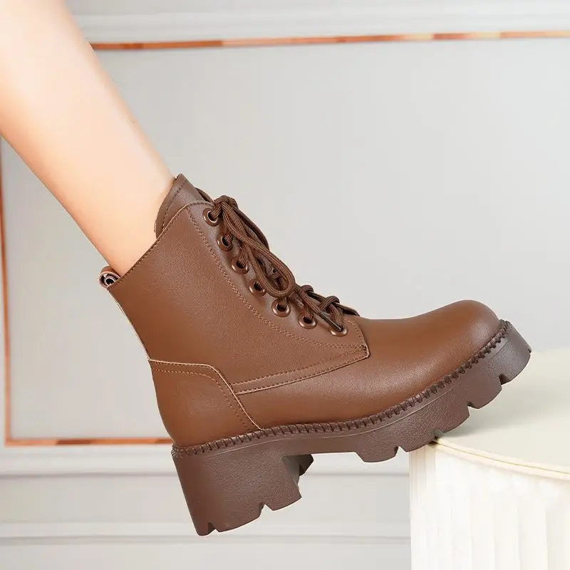 FENXINA 2027 New Narture Wool Warm Winter Boots Zipper Lace Up Platform Snow Boots Square Heels Ladies Real Leather Ankle Boots