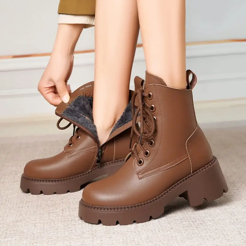 FENXINA 2027 New Narture Wool Warm Winter Boots Zipper Lace Up Platform Snow Boots Square Heels Ladies Real Leather Ankle Boots