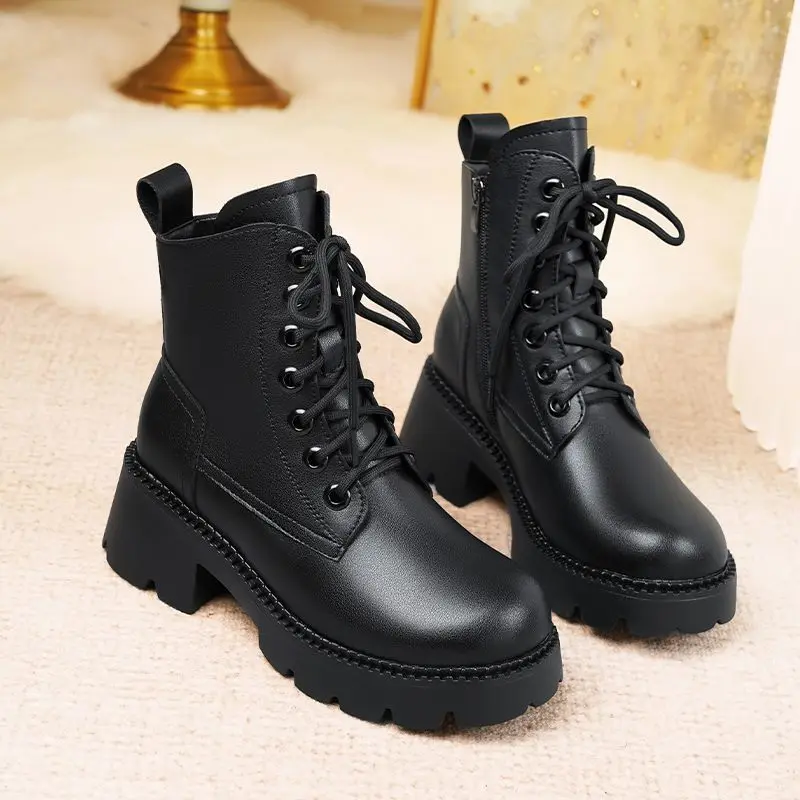 FENXINA 2027 New Narture Wool Warm Winter Boots Zipper Lace Up Platform Snow Boots Square Heels Ladies Real Leather Ankle Boots
