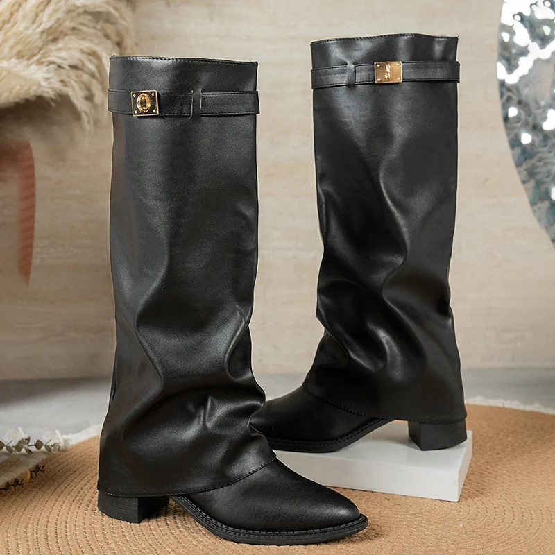 Black Pu Leather Knee High Boots Women 2026 Autumn Pointed Toe High Heel Long Boots Woman Plus Size 42 Female Gothic Booties