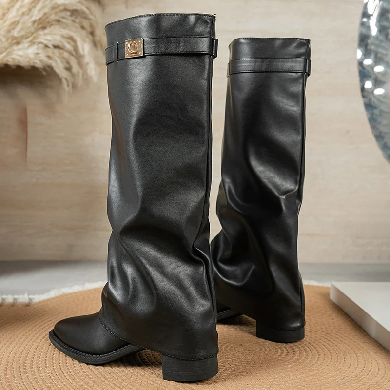 Black Pu Leather Knee High Boots Women 2026 Autumn Pointed Toe High Heel Long Boots Woman Plus Size 42 Female Gothic Booties