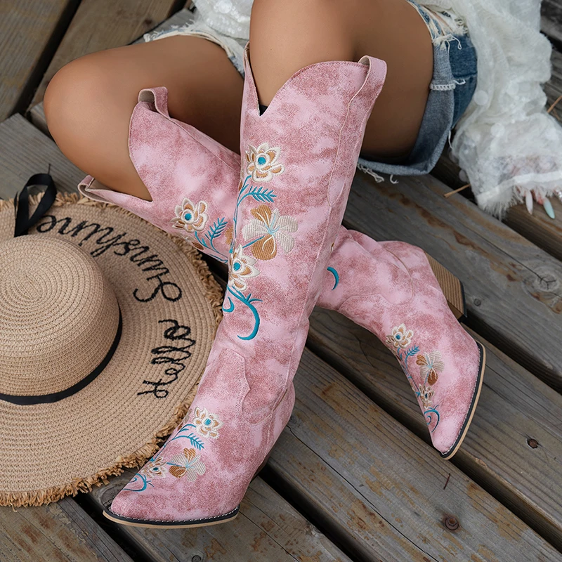 Vintage Flower Embroidered Long Cowboy Boots Women Western Country Pu Leather Knee High Boots Woman High Heel Cowgirl Shoes