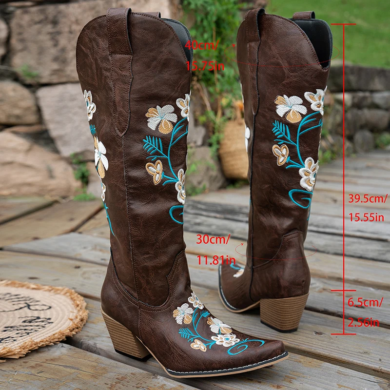 Vintage Flower Embroidered Long Cowboy Boots Women Western Country Pu Leather Knee High Boots Woman High Heel Cowgirl Shoes