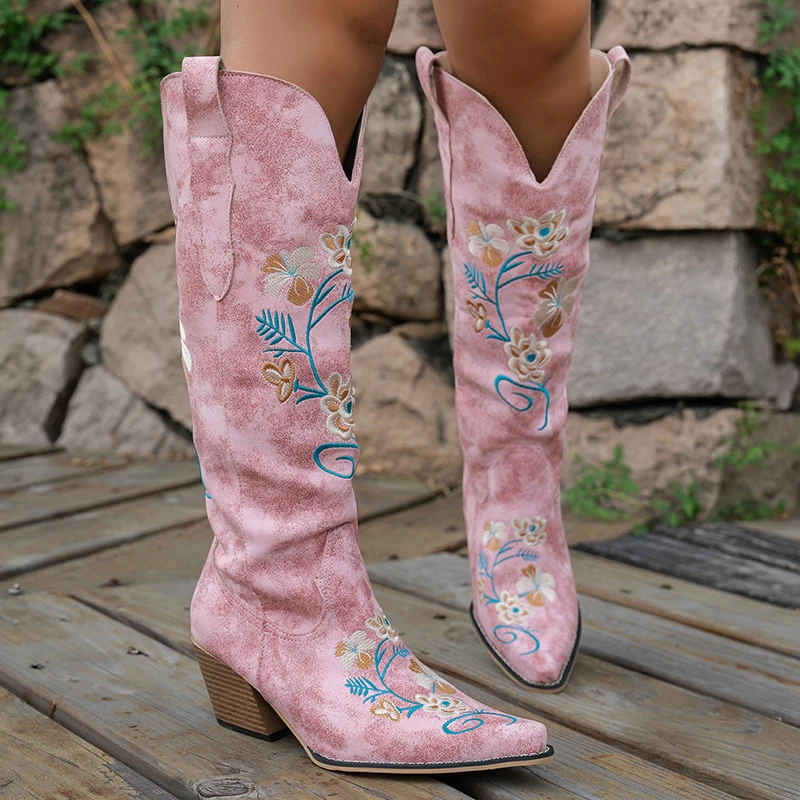 Vintage Flower Embroidered Long Cowboy Boots Women Western Country Pu Leather Knee High Boots Woman High Heel Cowgirl Shoes