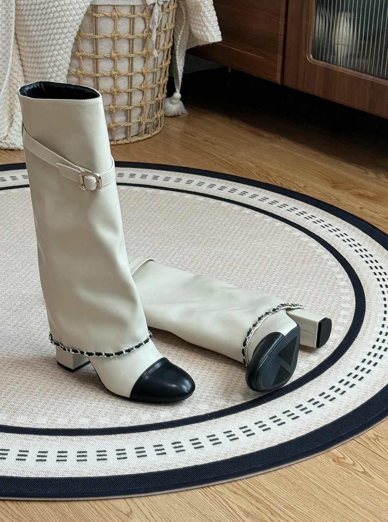 Xiaoxiangfeng Color Blocked Thick Heeled Pants Boots, Knee High Leg Knight Fashion Boots, High-Heeled Chain Boots