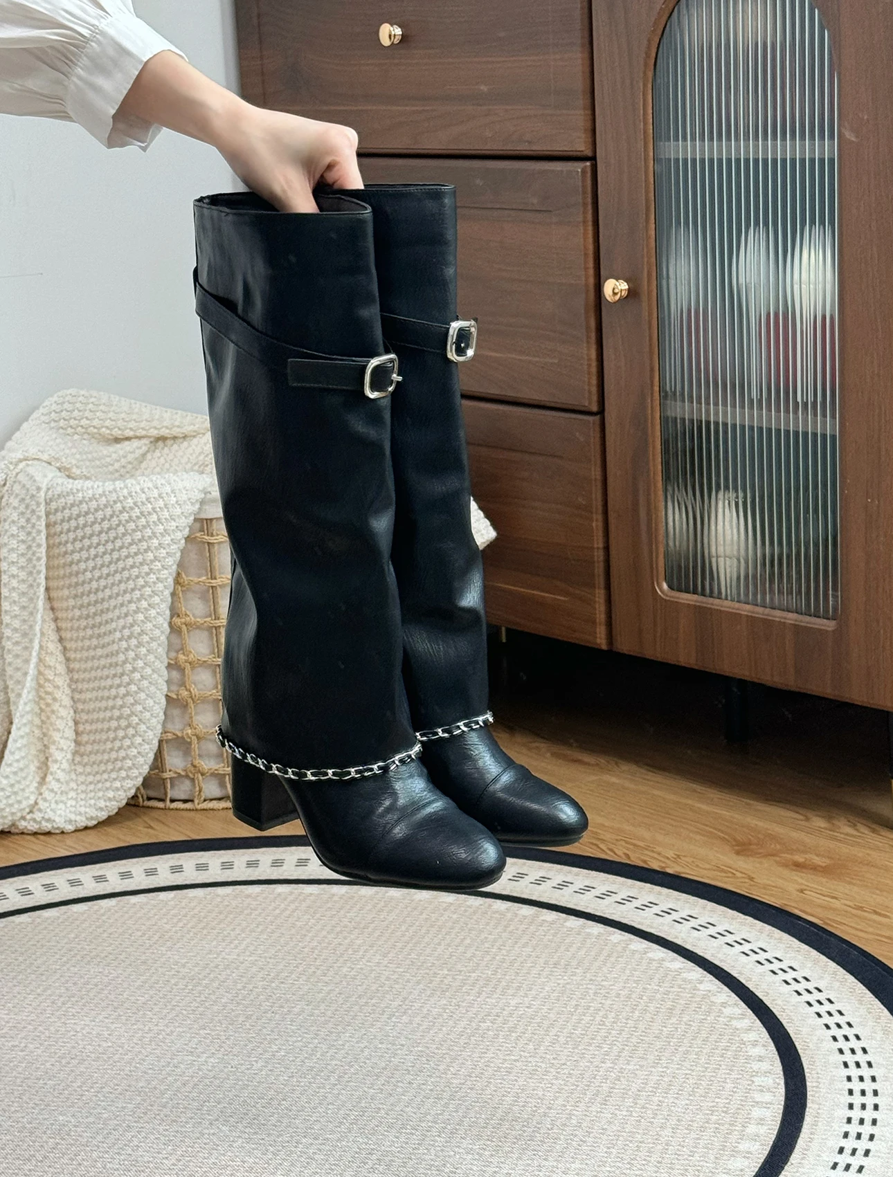 Xiaoxiangfeng Color Blocked Thick Heeled Pants Boots, Knee High Leg Knight Fashion Boots, High-Heeled Chain Boots