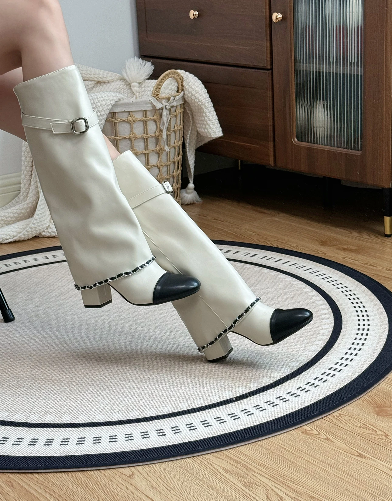 Xiaoxiangfeng Color Blocked Thick Heeled Pants Boots, Knee High Leg Knight Fashion Boots, High-Heeled Chain Boots