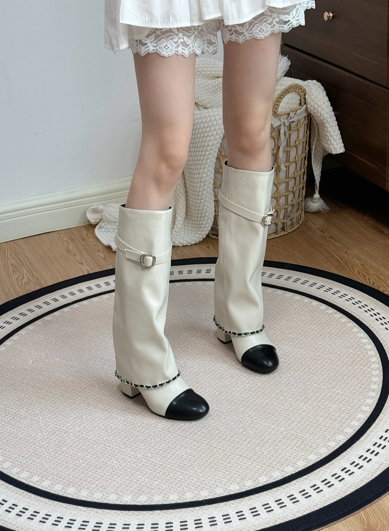 Xiaoxiangfeng Color Blocked Thick Heeled Pants Boots, Knee High Leg Knight Fashion Boots, High-Heeled Chain Boots