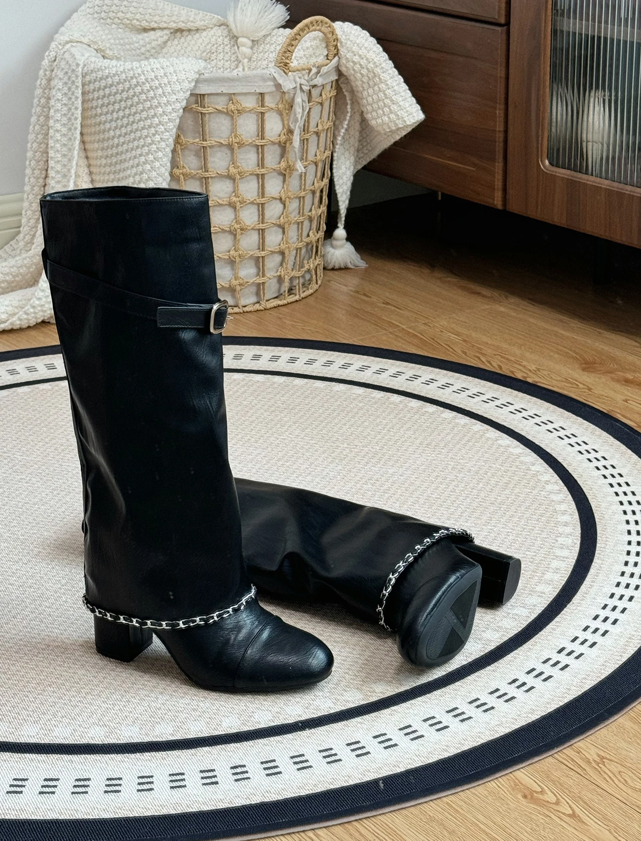 Xiaoxiangfeng Color Blocked Thick Heeled Pants Boots, Knee High Leg Knight Fashion Boots, High-Heeled Chain Boots