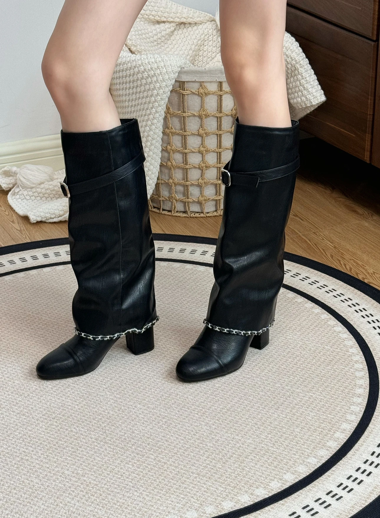 Xiaoxiangfeng Color Blocked Thick Heeled Pants Boots, Knee High Leg Knight Fashion Boots, High-Heeled Chain Boots