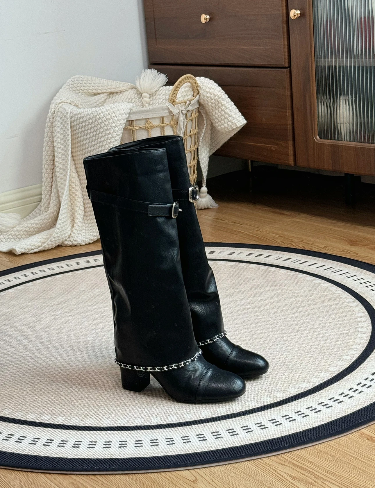 Xiaoxiangfeng Color Blocked Thick Heeled Pants Boots, Knee High Leg Knight Fashion Boots, High-Heeled Chain Boots