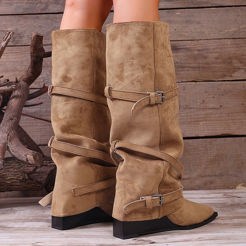 Khaki Faux Suede Western Boots Women 2026 Autumn Vintage Pointed Toe Knee High Boots Woman Plus Size 43 High Heel Cowboy Shoes