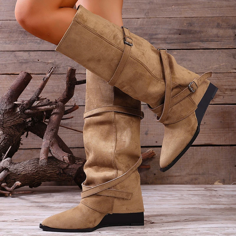Khaki Faux Suede Western Boots Women 2026 Autumn Vintage Pointed Toe Knee High Boots Woman Plus Size 43 High Heel Cowboy Shoes