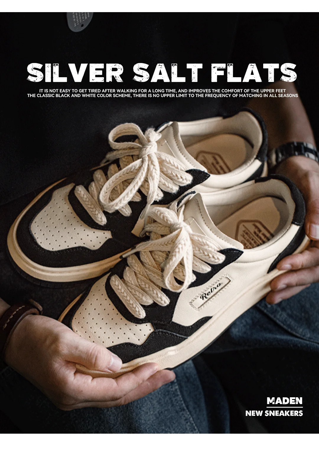 Maden New Casual Low-Top Black and White Spliced Sneakers Men's Versatile Sports Shoes for Autumn Lace-up Skateboarding Shoes