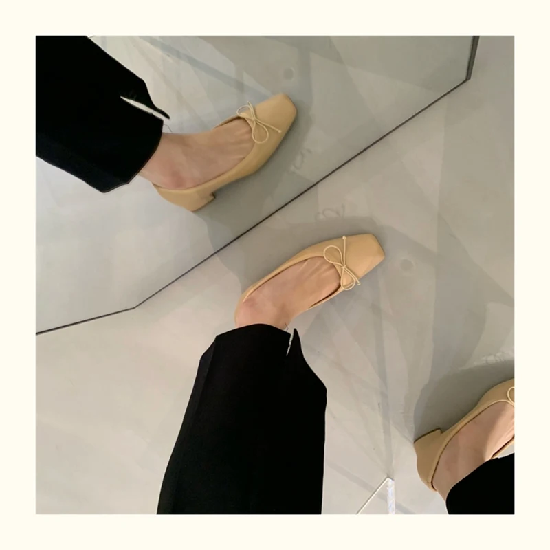 French Square Toe Bow Flats Shoes 2023 New Autumn Shallow Fairy All-match Gentle Office Dress Low Heels Pumps Female Ballerina