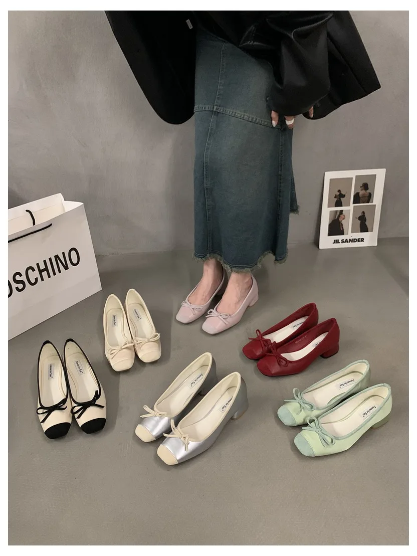 French Square Toe Bow Flats Shoes 2023 New Autumn Shallow Fairy All-match Gentle Office Dress Low Heels Pumps Female Ballerina