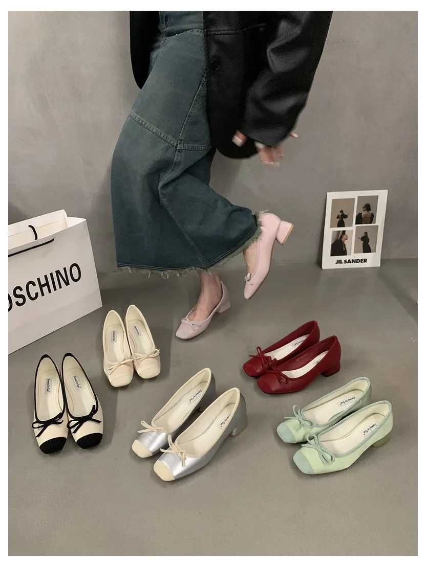 French Square Toe Bow Flats Shoes 2023 New Autumn Shallow Fairy All-match Gentle Office Dress Low Heels Pumps Female Ballerina