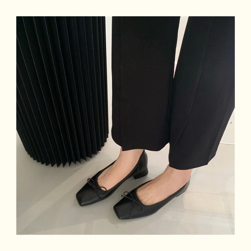 French Square Toe Bow Flats Shoes 2023 New Autumn Shallow Fairy All-match Gentle Office Dress Low Heels Pumps Female Ballerina