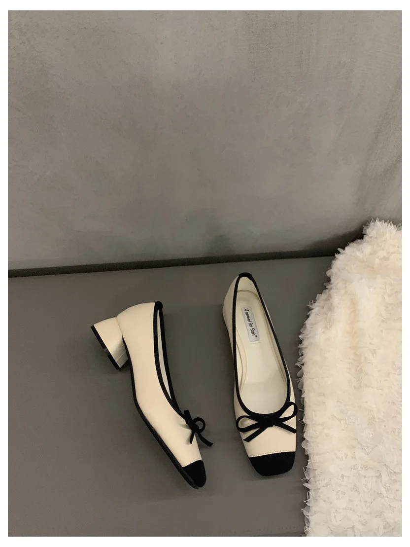 French Square Toe Bow Flats Shoes 2023 New Autumn Shallow Fairy All-match Gentle Office Dress Low Heels Pumps Female Ballerina